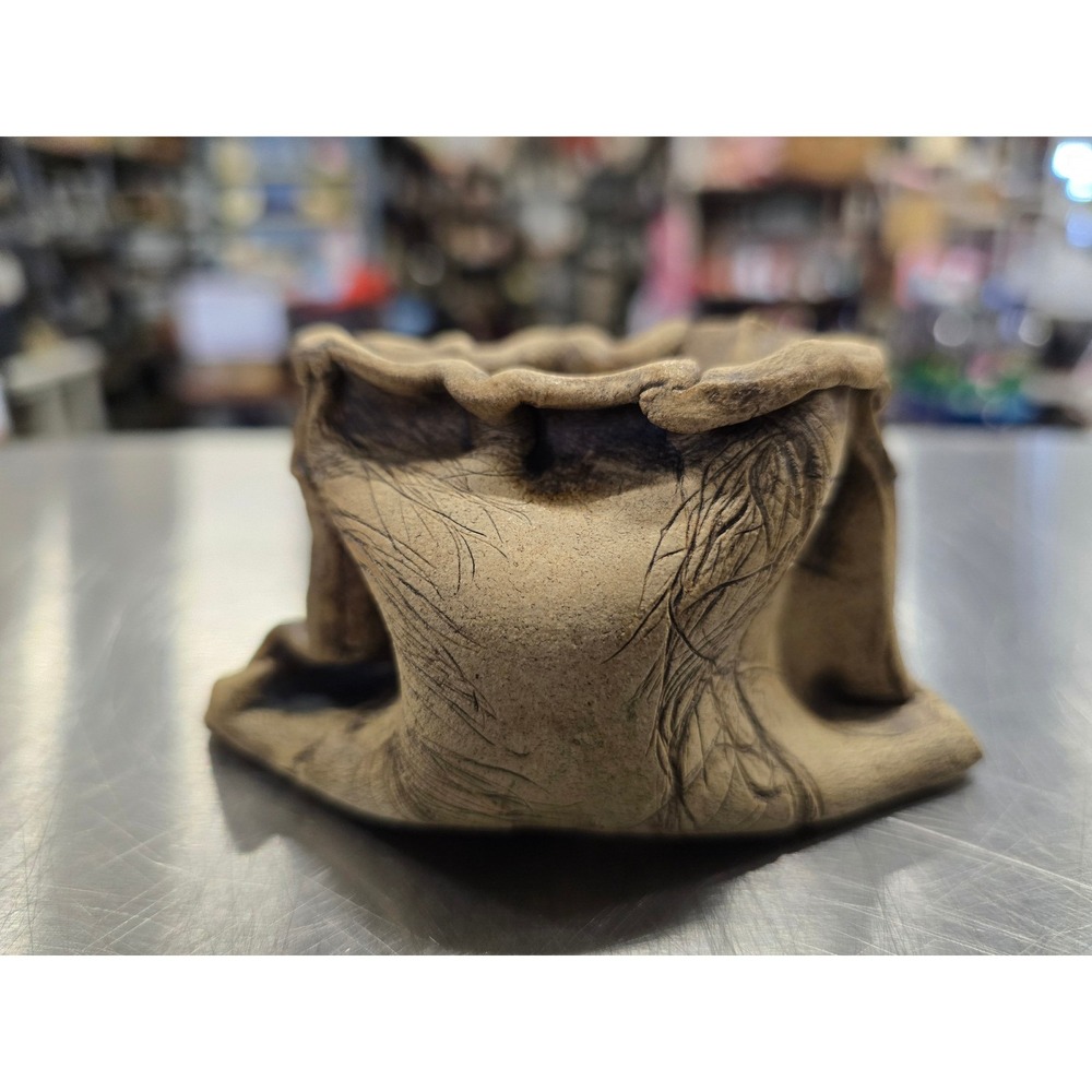 Interesting pottery burlap sack, clay works, Unique, handmade,shelf sitter